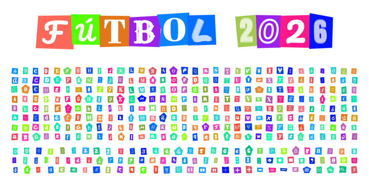FUTBOL 2026 letras estilo nota de rescate, alfabeto recortado de revistas para diseno deportivo, tipografia creativa para carteles