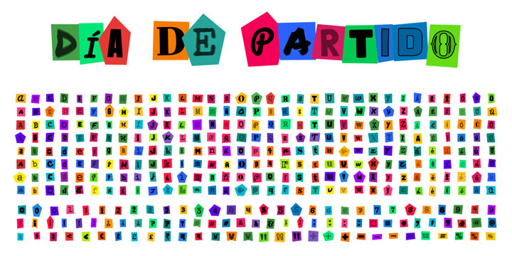 D&Iacute;A DE PARTIDO, letras estilo nota de rescate, alfabeto recortado de revistas para dise&ntilde;o gr&aacute;fico, tipograf&iacute;a creativa y collage