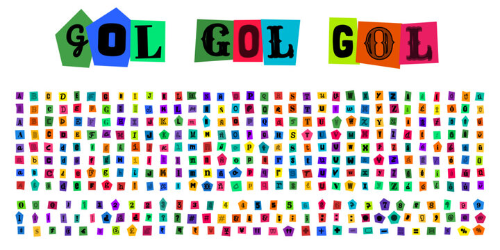GOL GOL GOL letras estilo nota de rescate recortes de papel colorido alfabeto tipografia creativa para disenos de estilo punk y urbano