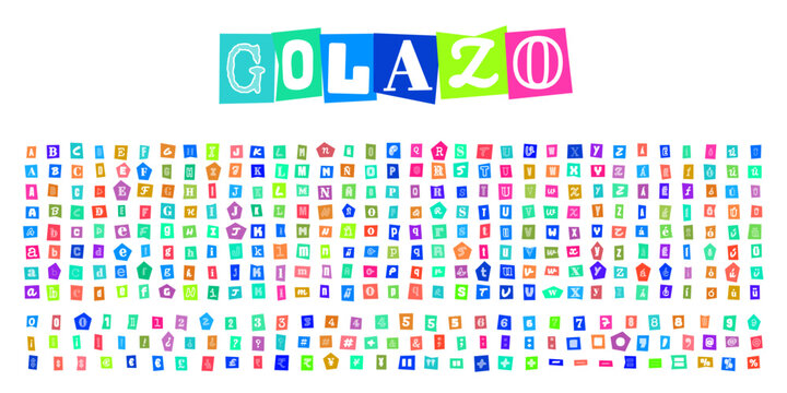 GOLAZO letras estilo nota de rescate, alfabeto recortado colorido para diseno grafico, tipografia creativa para carteles y proyectos