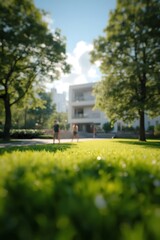 Obraz premium Lush green lawn with trees framing a modern building under a bright sky.