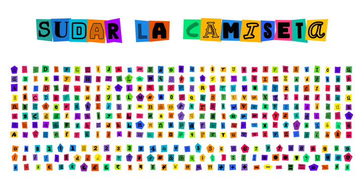 SUDAR LA CAMISETA, letras de estilo nota de rescate, alfabeto completo y numeros para diseno grafico, tipografia creativa para carteles y proyectos de arte