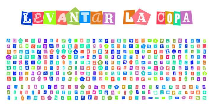 LEVANTAR LA COPA, letras estilo nota de rescate para diseno grafico, alfabeto recortado de revistas, tipografia creativa para carteles y proyectos