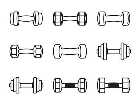 A collection of nine distinct outline style dumbbell icons on a clean white background