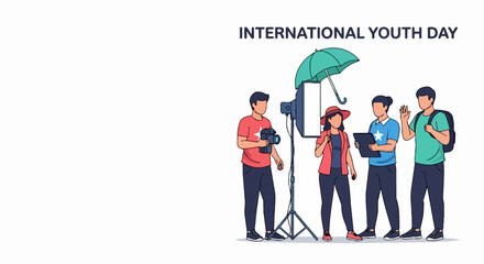 Obraz premium International Youth Day celebration with diverse group holding umbrella and microphones on stage. Vector illustration of youth empowerment event featuring young people speaking into microphones.