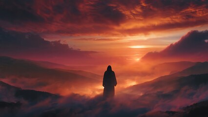 Obraz premium Person standing on mountain at sunset.