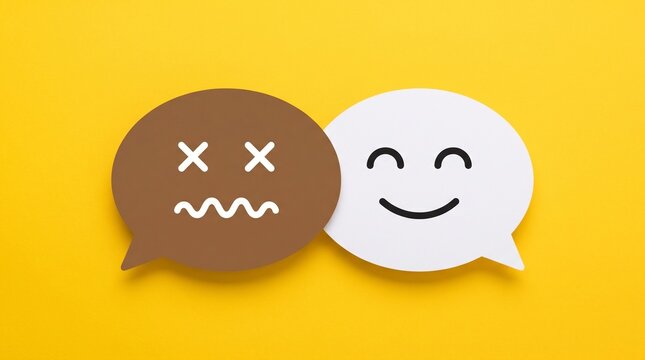 Minimalist speech bubbles with happy and sad face icons, emotional feedback concept on yellow background, customer satisfaction and mental health symbols