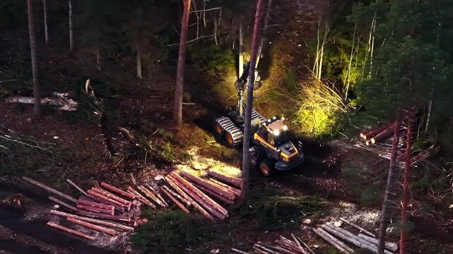 Forest harvester machinery harvesting wood in a woodland clearing at dusk