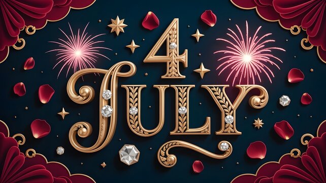 Elegant 4th of july typography with gold, diamonds, fireworks, and rose petals