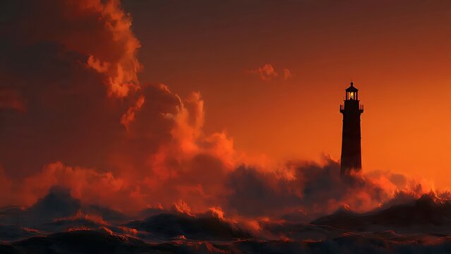 Dramatic lighthouse standing against stormy weather.