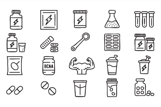 Sports nutrition supplement icon set with protein powder, vitamins, energy drink, BCAA, and fitness symbols