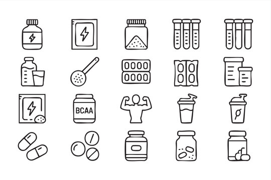 Sports wellness icon collection for nutrition products, amino acids, energy drinks, capsules, and workout recovery