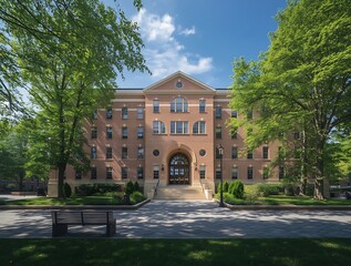 Fototapeta premium Grand Brick Building with Archway Entrance and Lush Green Trees.