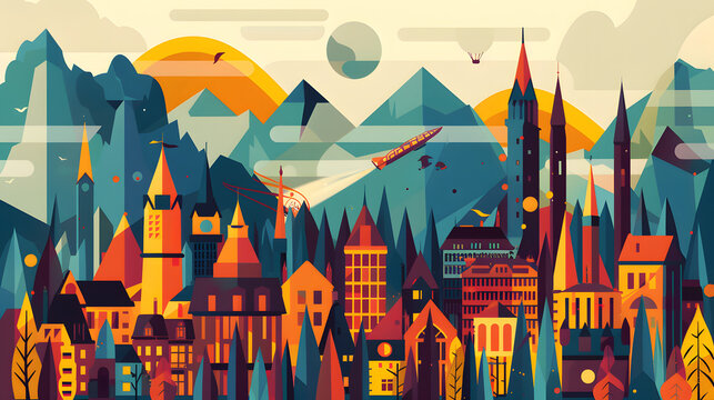 Illustration features a geometric cityscape with buildings, mountains, and a rocket against a warm sky filled with various stylized shapes.
