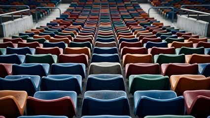 Fototapeta premium Rows of colorful empty plastic seats in a large stadium arena