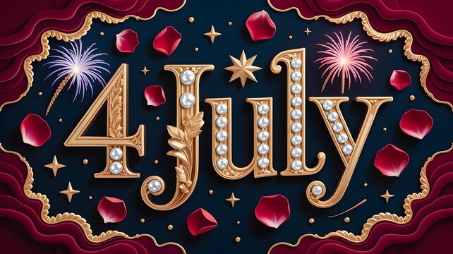 Luxury 4th of july typography with gold, diamonds, fireworks, and rose petals