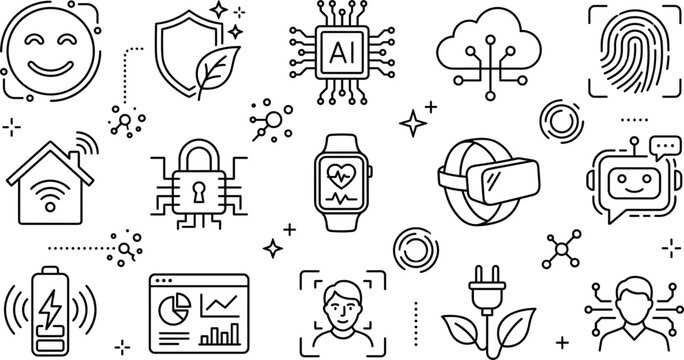 Hand drawn technology and cybersecurity doodle icons featuring artificial intelligence cloud security digital innovation vector illustration collection set
