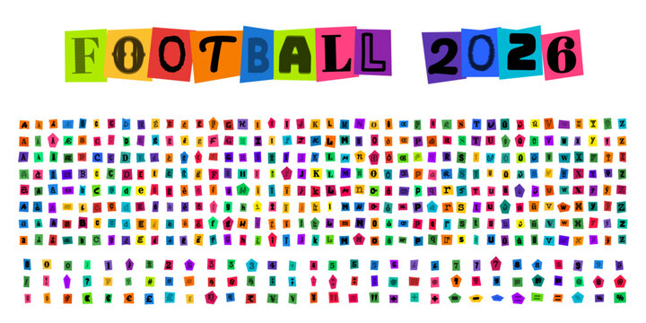 FOOTBALL 2026 lettres decoupees style rancon pour design sportif, alphabet complet avec chiffres et symboles pour compositions graphiques personnalisees et affiches de tournois