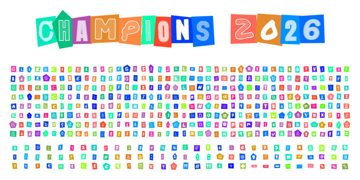CHAMPIONS 2026 lettrage style lettre anonyme decoupee, alphabet complet et chiffres pour design graphique, typographie creative pour affiches sportives et invitations festives