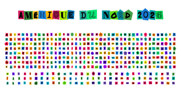 AMERIQUE DU NORD 2026, alphabet de lettres decoupees style lettre de rancon, typographie originale pour design graphique, affiche, collage, affiche de film, concept de mystere et crime