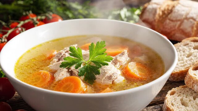 Bowl of chicken soup with carrots and parsley ideal for artisan food brands and culinary blogs
