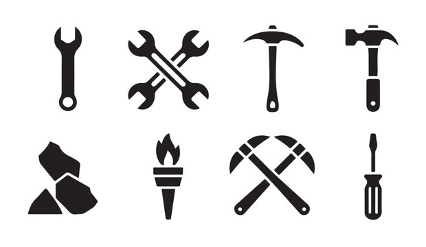 Set of work tools icons in solid glyph style for construction and mining design.