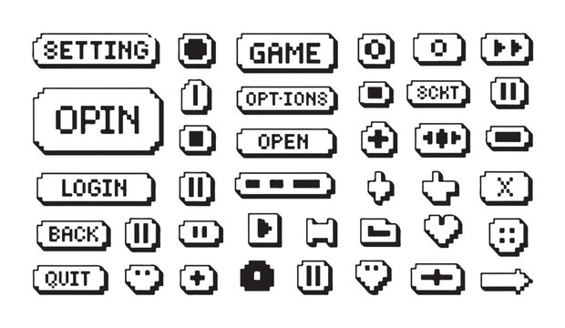 Retro pixel button set for user interface design featuring game navigation menu controls.