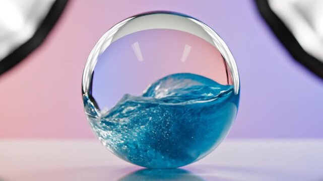 Glass sphere with blue ocean wave inside on purple background.