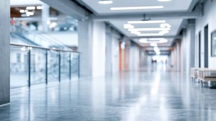 Fototapeta premium A modern, bright hallway with polished floors, glass railings, and ceiling lights in a spacious, clean building interior.