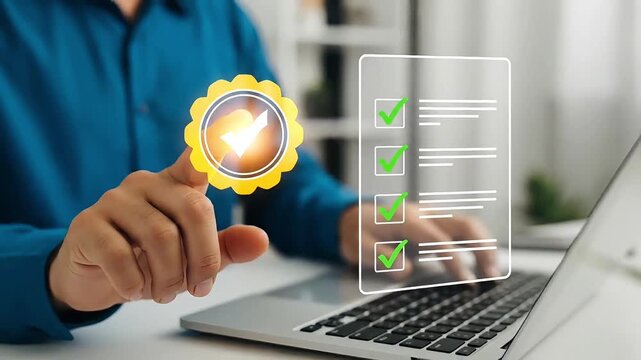 Business selecting checklist tasks on futuristic digital interface with glowing confirmation button