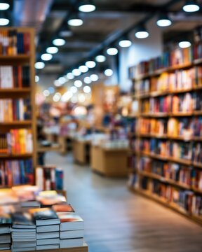 A brightly lit bookstore aisle with shelves full of books and stacks of books on tables in the foreground and background.