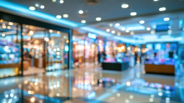 Blurred image of a modern shopping mall interior with bright lights, reflective floors, and storefronts creating a vibrant, bustling atmosphere.