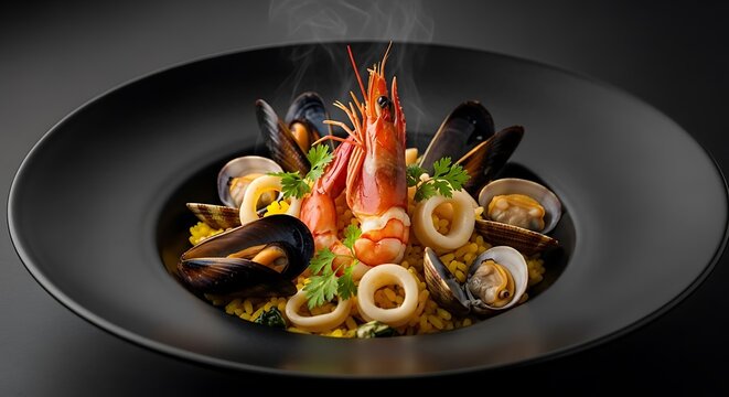 Delicious seafood paella with fresh prawns mussels and squid in a black plate. arroz marisco