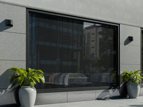 Modern architecture with blank window, realistic reflection, and plants. 3d rendering.