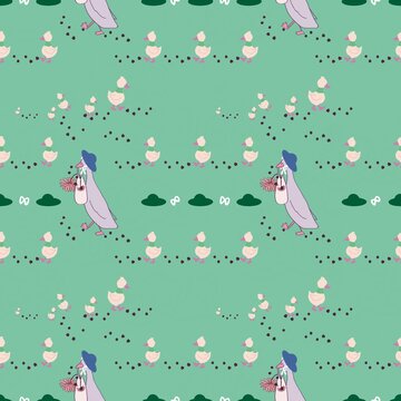 Cute duckling journey seamless pattern, aesthetic mint green background with whimsical walking ducks, floral motifs, and tiny footprints for nursery textiles.
