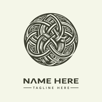 A black and white vector illustration of an intricate Celtic knotwork ball icon with a placeholder name and tagline on a beige background, part of an icon set.