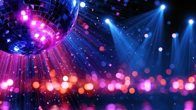A vibrant disco ball reflects colorful lights and beams, creating a lively party atmosphere with bokeh effects and dynamic illumination.
