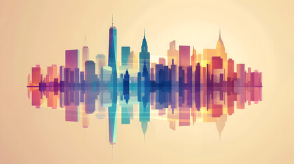 Obraz premium Urban cityscape silhouette features a colorful and modern artistic design with various buildings reflecting on a mirrored surface, capturing a sense of the city's essence in a vibrant and dynamic