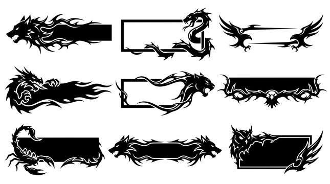 Set of black tribal beast silhouettes and empty banner text frames. Includes scorpion, owl, panther, dragon, wolf, and eagle for esports gaming logos