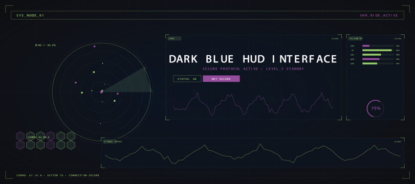 Futuristic dark blue hud interface with radar, data charts, and wave graphs vector illustration