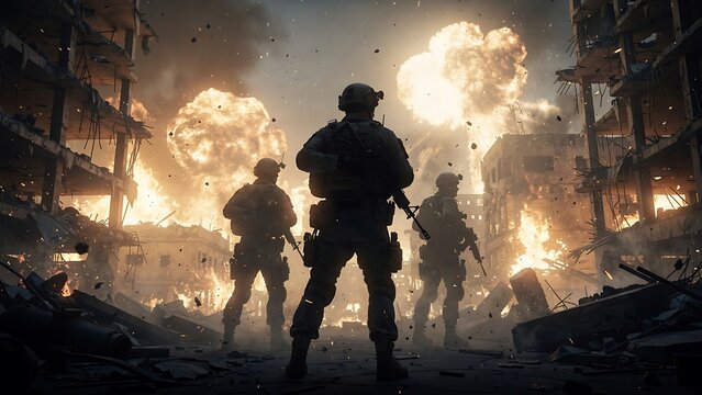 Soldiers in war zone with explosions.
