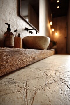 Minimalist Bathroom with Beige Micro-Cement Floor and Warm Ambient Light