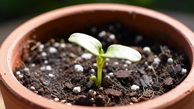 Close up of a seedling with two leaves growing in a terracotta pot with soil