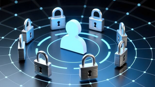 Cybersecurity data protection concept, glowing human icon surrounded by padlocks on digital grid, personal privacy and identity security