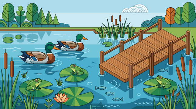 Stylized Geometric Illustration of a Tranquil Pond with Ducks, Frogs, and a Wooden Bridge in a Scenic Park Landscape
