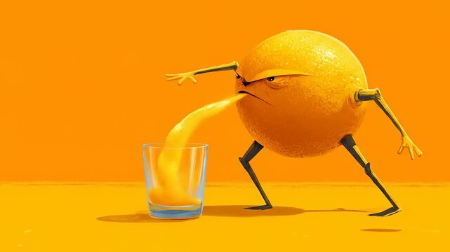 Animated lemon character squeezing juice into glass on orange background
