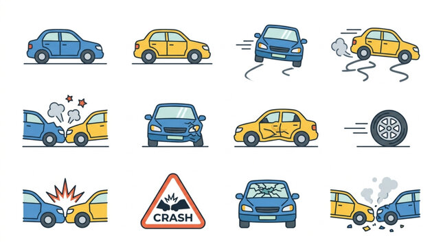 Car Accident Icons Set.