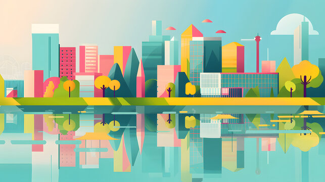 Modern cityscape illustration showcases a vibrant composition of colorful buildings, trees, and a tranquil body of water, reflected symmetrically, against a bright blue sky, evoking a sense of peace