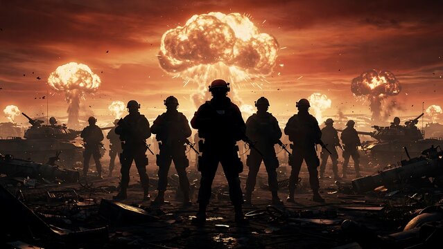 Soldiers standing amidst nuclear explosions landscape.