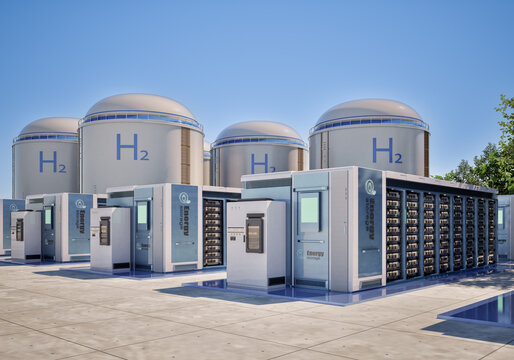 Group of energy storage systems or battery container units with hydrogen tanks